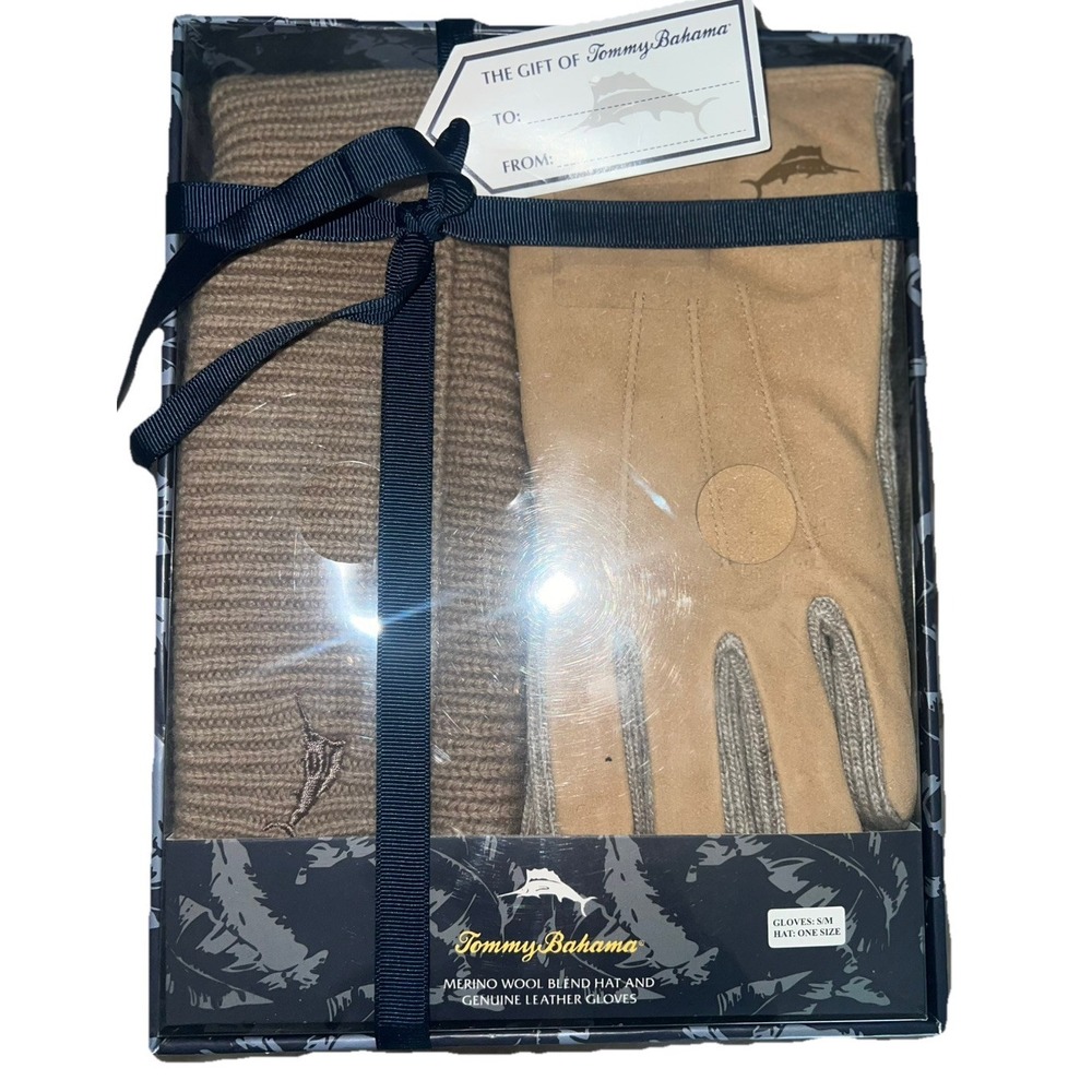 NEW TOMMY BAHAMA MENS GENUINE LEATHER GLOVE & MERINO BLEND HAT BOX SET MSRP $120